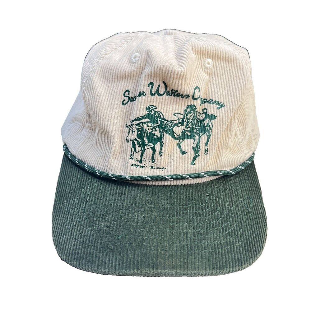 Seager Western Company Trucker Hat Cream Green Corduroy Cowboy Rodeo Snapback